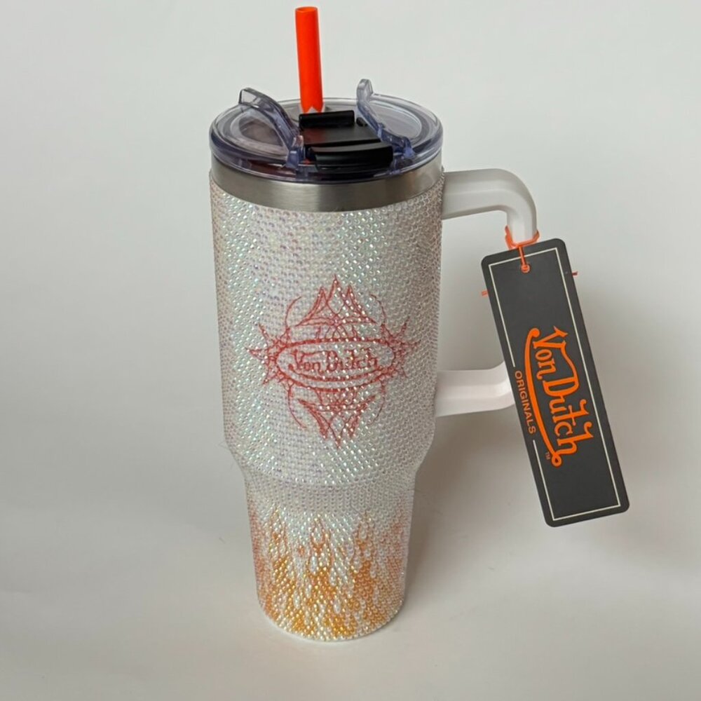 Von Dutch Tumbler 40 oz Handle NEW Flames Bling Studded Rhinestone Orange Straw